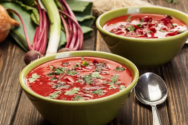 Sopa de beterraba com legumes frescos em uma tigela — Fotografia de Stock