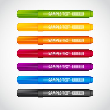 Set of multi-coloured felt-tip pens: six colours of a rainbow and black clipart