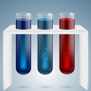 Three test tubes with magical colorful sparkling and bubbling liquid
