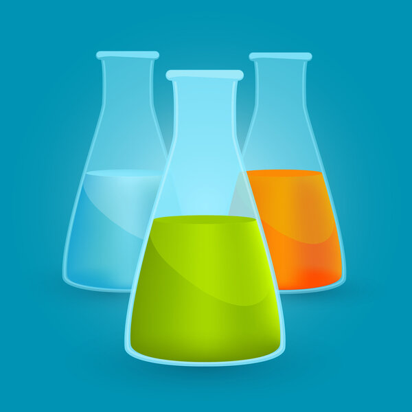 Three flasks with different chemical solutions. Vector illustration