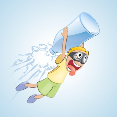 Boy flies with bottle. Vector illustration. clipart