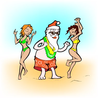Cartoon santa with girls on beach. clipart