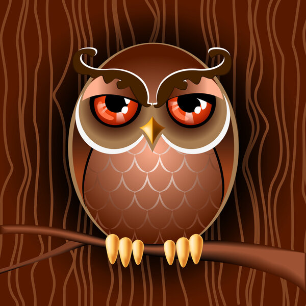 Vector illustration of a brown owl on a branch.