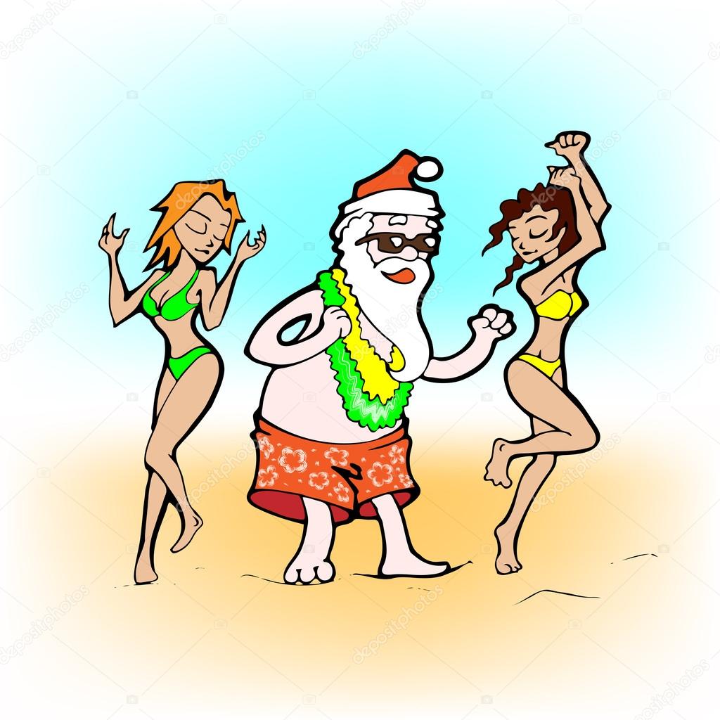 Cartoon santa with girls on beach.