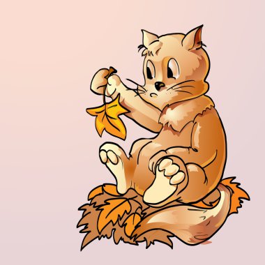 Surprised cat with autumn leaves. Vector illustration. clipart