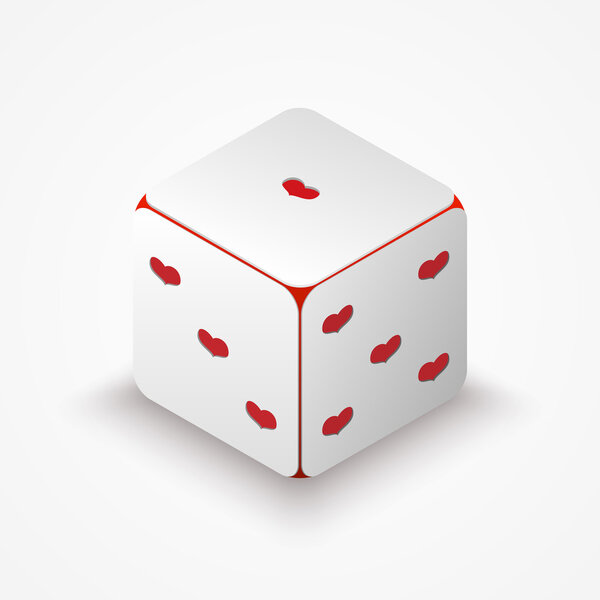 Vector illustration of dice with red hearts.