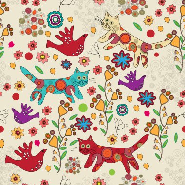 Vector folk background with cats. clipart