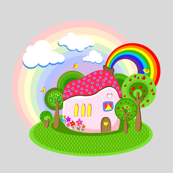 Vector illustration of house with rainbow.