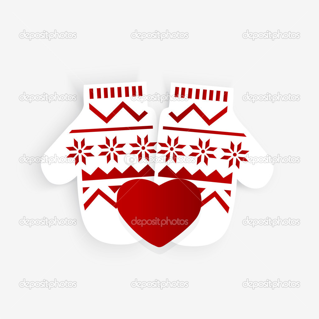 Vector illustration of mittens with red heart.