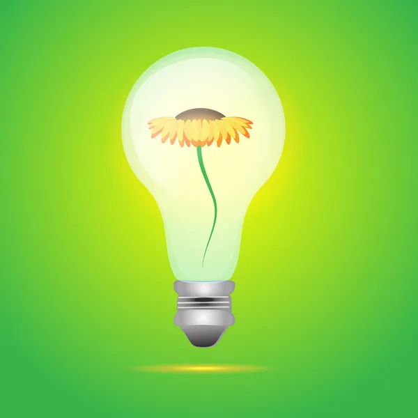 Fleur Jaune Sur Ampoule Électrique Sur Fond Vert Illustration Vectorielle — Image vectorielle