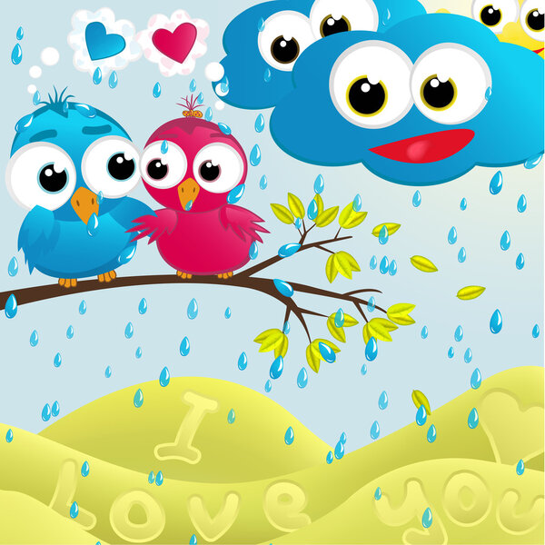 Birds couple under the rain.Vector illustration