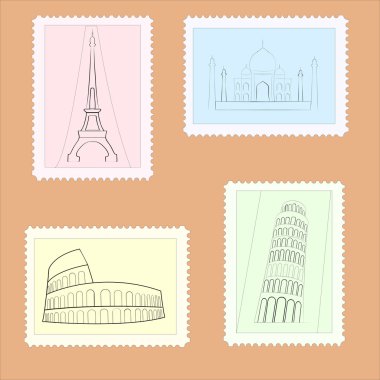 Vector travel postage stamps. clipart