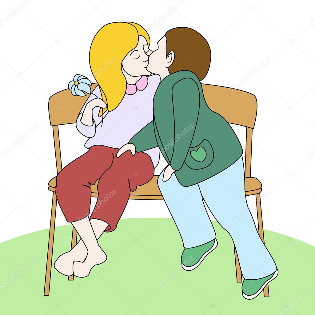 Boy and girl kissing on the bench. Vector illustration.