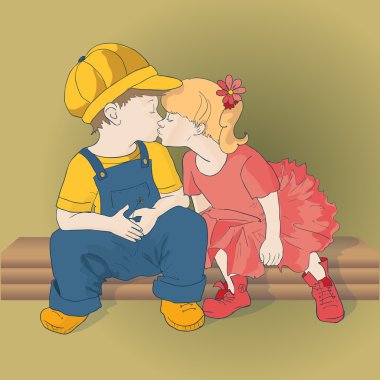 Two kids are kissing each other. Vector illustration. clipart
