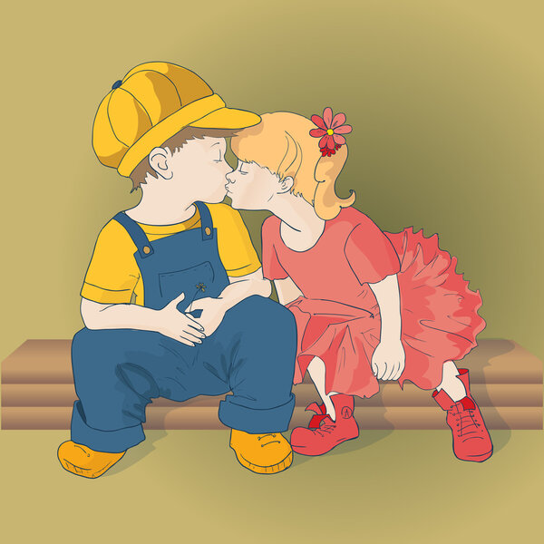 Two kids are kissing each other. Vector illustration.