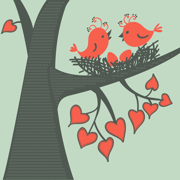 Bird on a branch in love. Vector illustration.