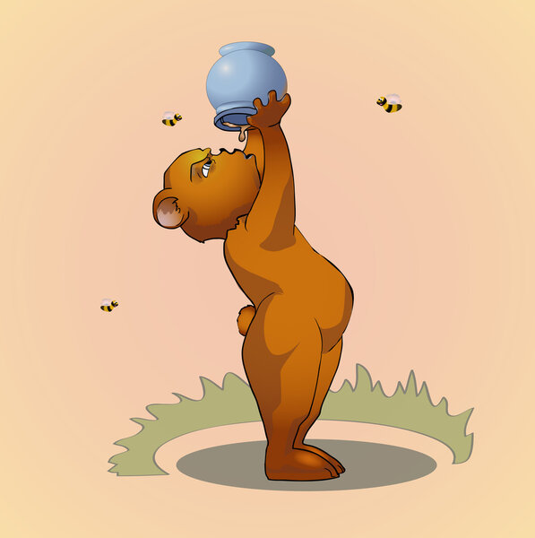 Bear eating honey. Vector illustration.