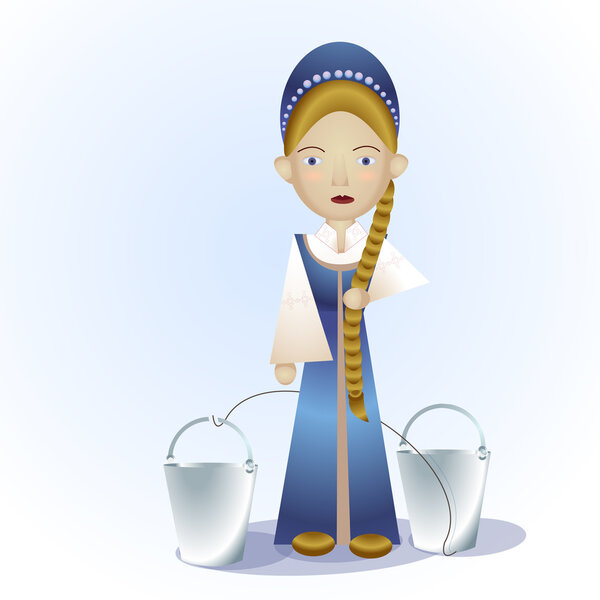 Russian girl with buckets. Vector illustration.