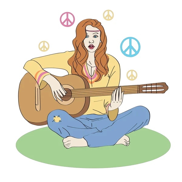 Gadis Hippie Dengan Gitar - Stok Vektor