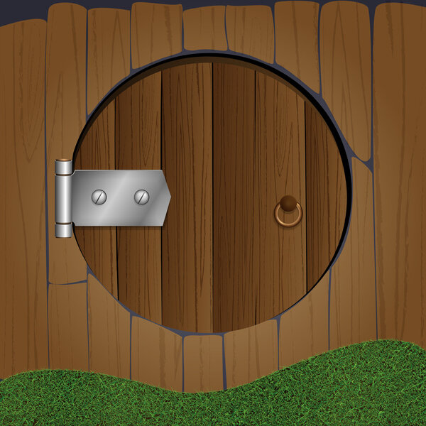 Wooden fence with round door. Vector illustration.