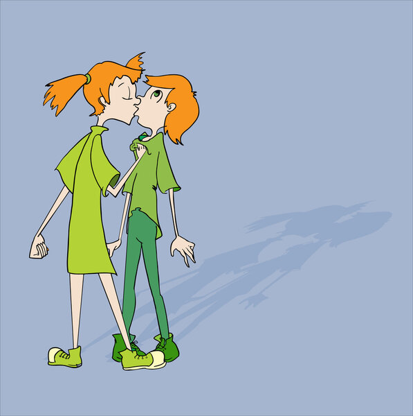 Two kids are kissing each other. Vector illustration.