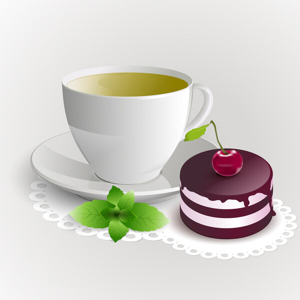 Cup of green tea with cherry cake. Vector illustration.