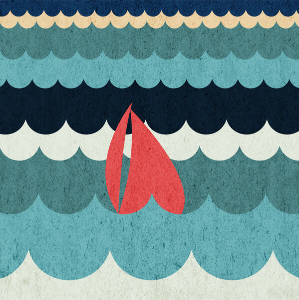 Sailing boat floating on water surface. Vector color illustration.