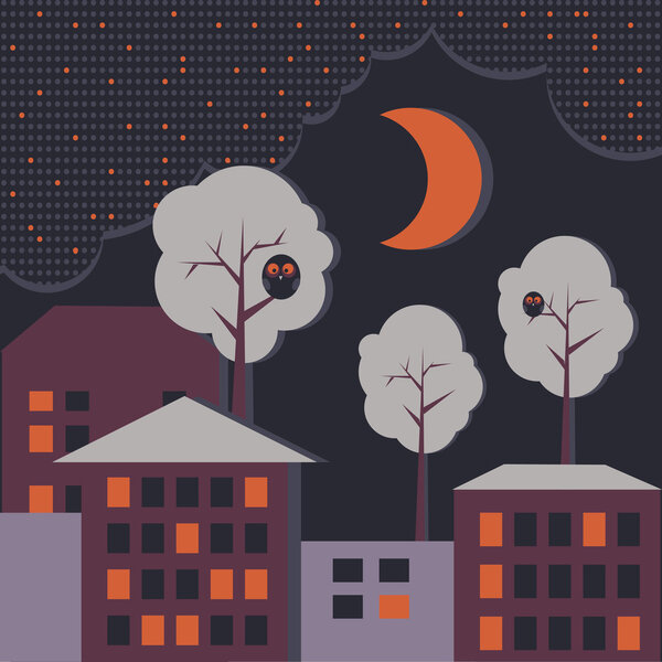 Vector background with houses at night time.