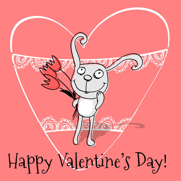 Vector greeting card with rabbit for Valentine's day.