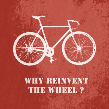 Neden tekerleği yeniden icat? Bisiklet üzerinde kırmızı arka plan ile kavram vektör çizim
