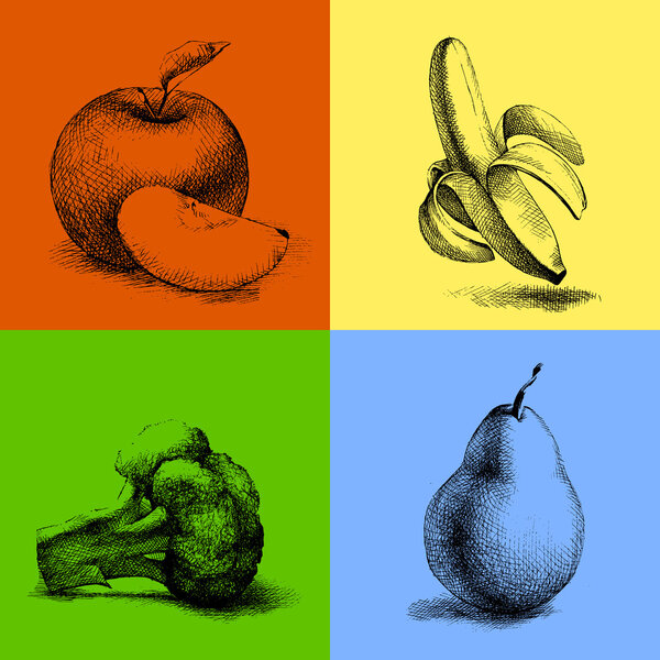 Vector sketch illustrations of fruits and vegetables.