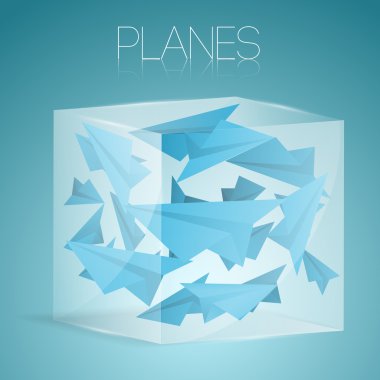Paper airplanes in glass box. Vector illustration. clipart
