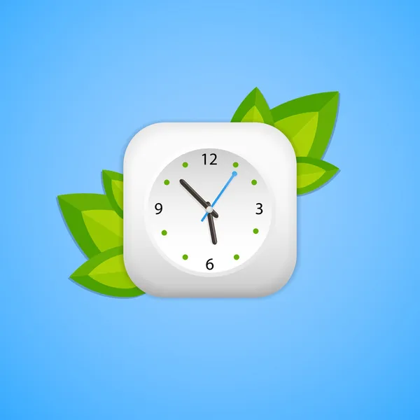 Clock Green Leaves Placed Blue Background — Stock Vector