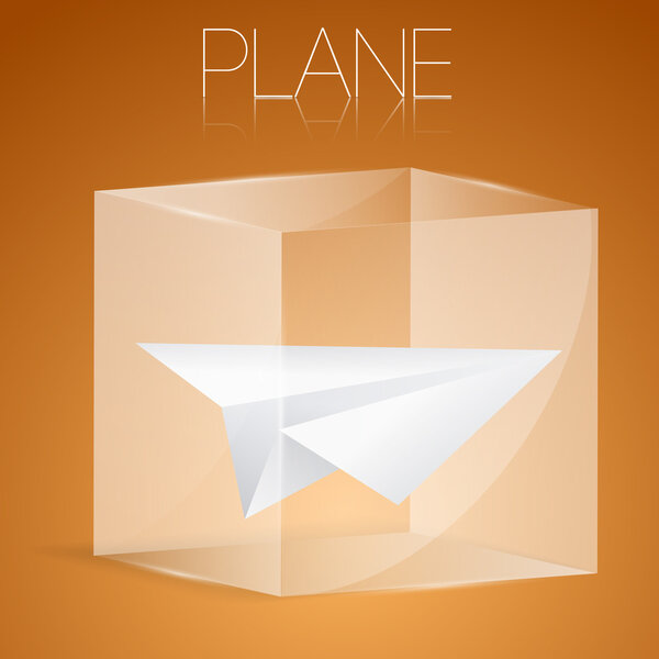 Paper airplane in glass box. Vector illustration.