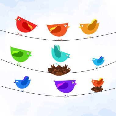 Vector illustration of colorful birds on wires. clipart