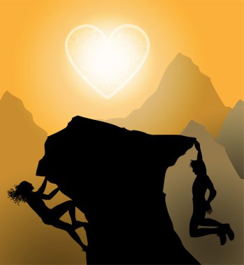 Sunset climbers. Couple climp up to their love clipart