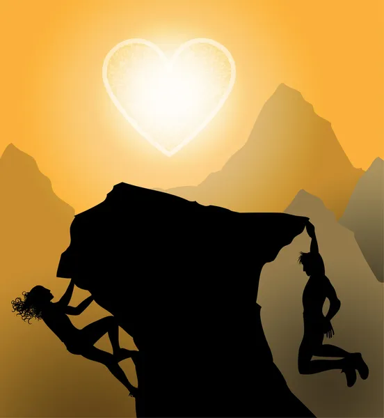 Escaladores Atardecer Pareja Subir Amor — Vector de stock