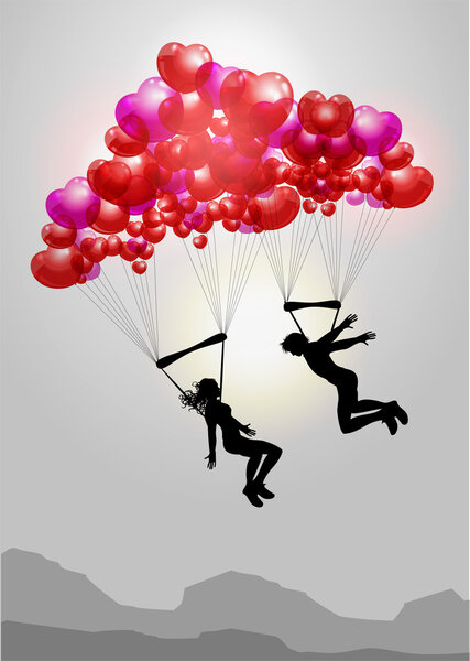 Couple flying on parachutes made of hearts