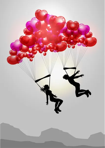 Couple flying on parachutes made of hearts — Stock Illustration Couple Flying Parachutes Made Hearts Royalty Free Stock Vectors