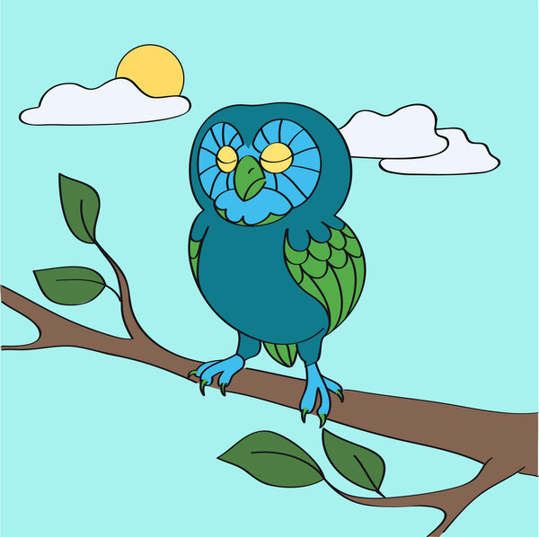 Синяя сова в дневное время - векторная иллюстрация
