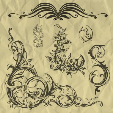 Vector vintage elements on crumpled paper. clipart