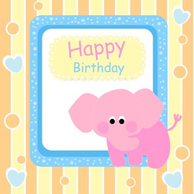 Happy birthday card with pink elephant - vector illustration clipart