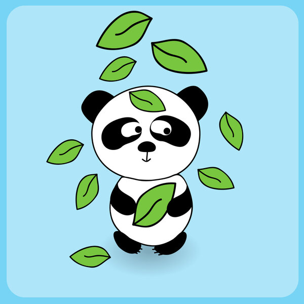 Illustration of cute cartoon panda with falling leaves