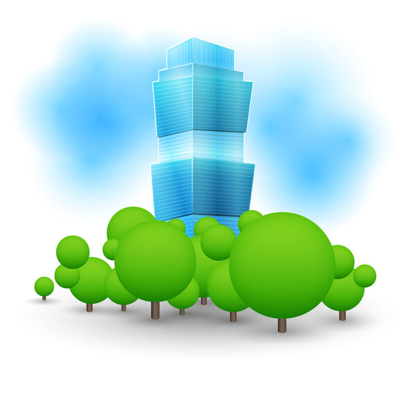 Green landscape with skyscraper.