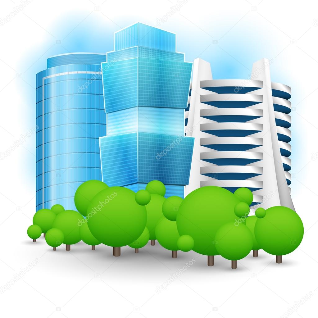 Green landscape with skyscraper.