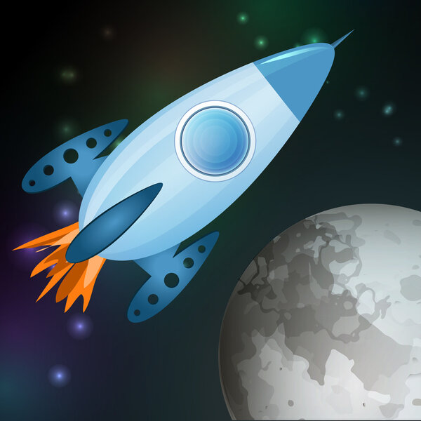 Vector illustration of spaceship flying into galaxy.
