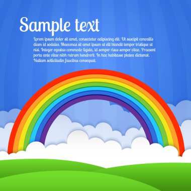 Vector rainbow with clouds and green grass clipart