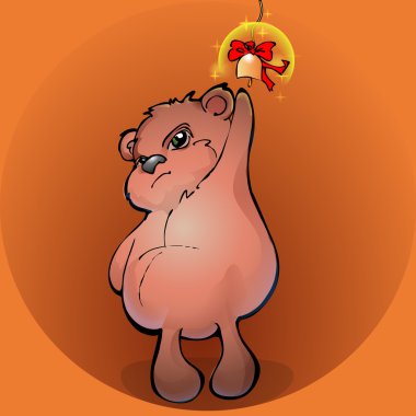 Brown teddy bear with a golden bell - vector illustration clipart
