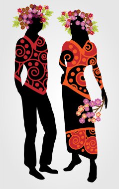 Couple with floral wreath - vector illustration clipart
