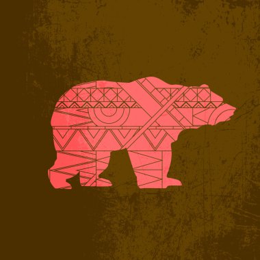 Bear decorative ornament. Silhouette of animal with red pattern clipart